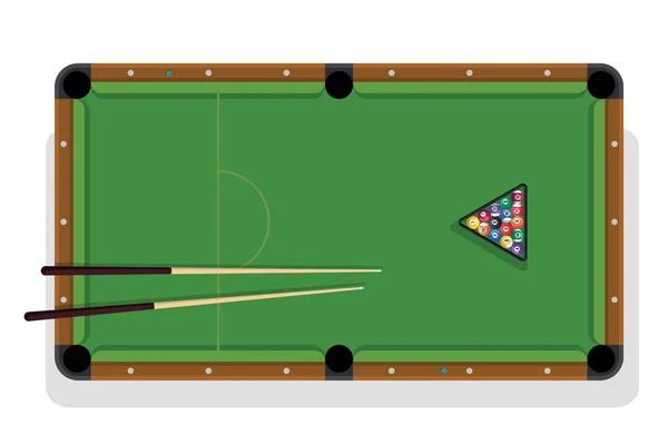 Biljart, pool stick en biljart ballen voor spel. Pooltafel met driehoek, ballen en cua bovenaanzicht. — Stockvector