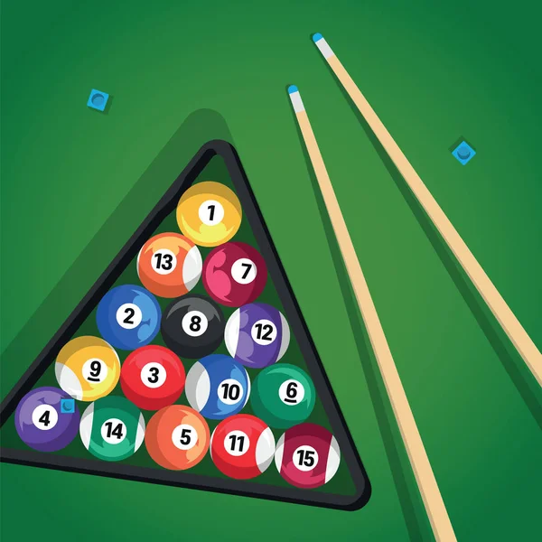 Billar y billar bolas en triángulo en la mesa verde, mientras que el juego. Bolas Biliard, triángulo y palo de billar para el juego en la vista superior de la mesa verde . — Archivo Imágenes Vectoriales