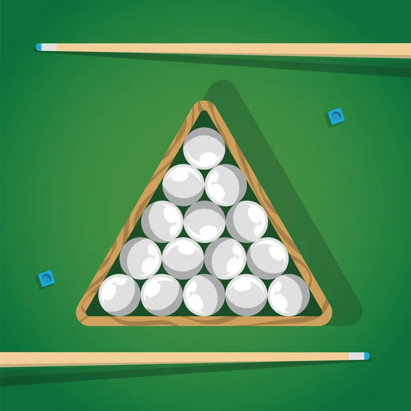 Palo de billar y bolas de billar blanco en triángulo en la mesa verde para el juego. Bolas de Biliard, triángulo y taco para el juego en la vista superior de la mesa verde . — Archivo Imágenes Vectoriales