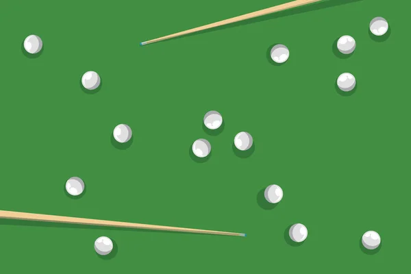Bolas de billar y piscina enfermo en la mesa de billar verde vista superior. Bolas de billar y taco para billar en mesa verde . — Archivo Imágenes Vectoriales