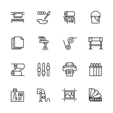 Printing house simple icon set. Contains such symbols printer, scanner, offset machine, plotter, brochure, rubber stamp. Polygraphy office, typography concept. clipart