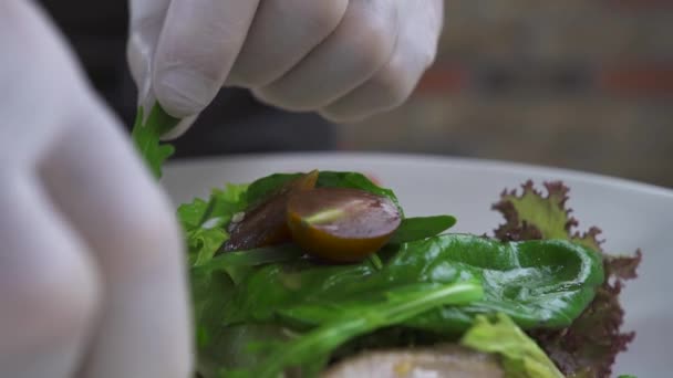 Food styling e design concept. Chef cuoco decorazione insalata nel ristorante di lusso. Cuoco a mano cucinare insalata vegetariana da vicino. Alta cucina. Alimentazione sana e dietetica . — Video Stock