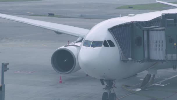 Aeronaves con corredor de embarque en el aeropuerto moderno. Aviones en el aeropuerto durante el embarque de pasajeros desde la pasarela en el aeropuerto . — Vídeo de stock