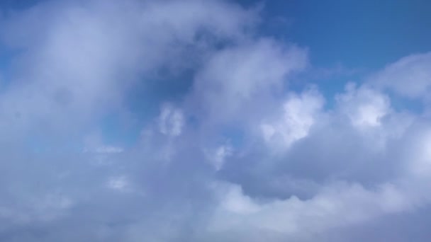 Nuages blancs dans le ciel bleu depuis la fenêtre de l'avion. Vue de la fenêtre avion volant parmi les nuages pelucheux dans le ciel bleu. ciel copie espace arrière-plan . — Video