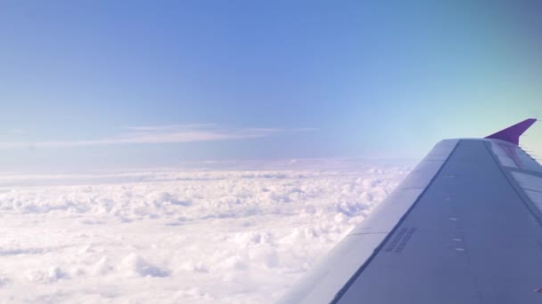 Aile d'avion sur nuages blancs et ciel bleu paysage. Vue depuis une fenêtre volant dans un ciel bleu avec des nuages blancs. Espace de copie nuageux depuis la fenêtre de l'avion . — Video