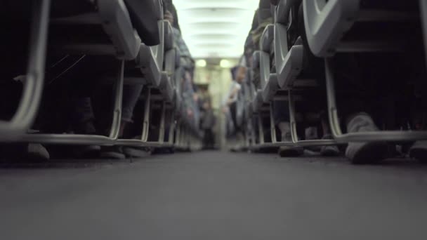 Kabinenflugzeug mit Passagieren auf Sitzen und Stewardess im Gang während des Fluges. Passagiere auf dem Sitz in der Economy Class Verkehrsflugzeugen warten auf den Start. Reisekonzept. — Stockvideo