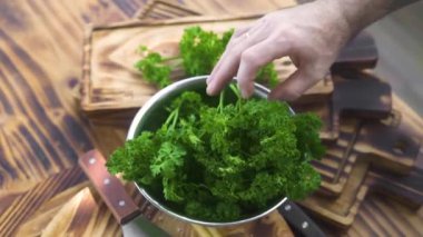 Şef yemek yeşil maydanoz mutfak masasında ahşap tahta kesim. Şef Aşçı kesme otlar vejetaryen salata sos için. Vejetaryen yemekleri için işlem kesme madde. Sağlıklı gıda ve beslenme beslenme.