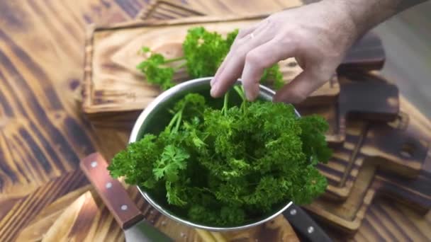 Cuoco cuoco taglio prezzemolo verde su tavola di legno al tavolo della cucina. Lo chef cucina tagliando erbe per condire l'insalata vegetariana. Ingrediente di taglio di processo per piatti vegani. Alimentazione sana e alimentazione dietetica . — Video Stock