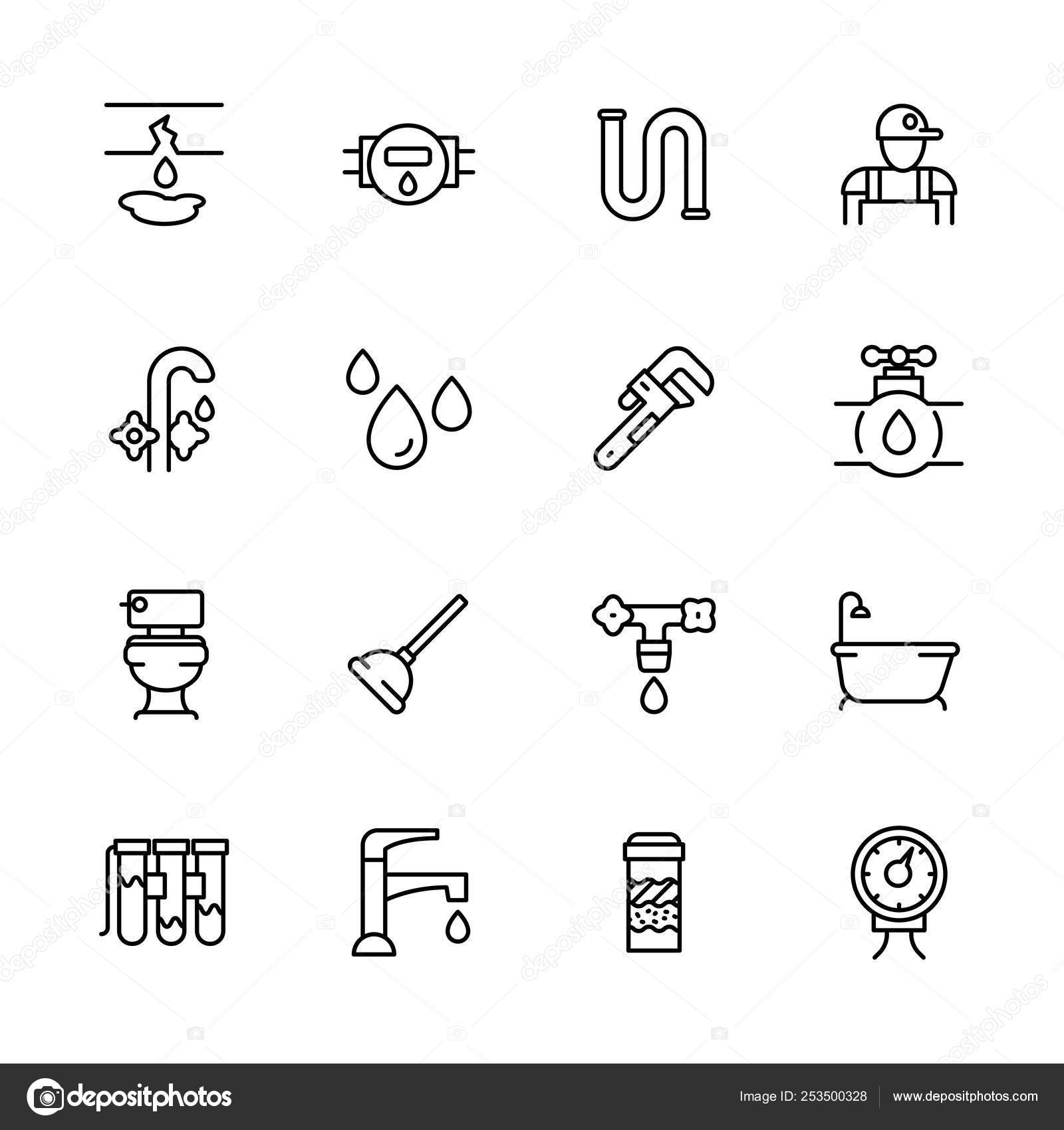 Ícone conjunto de reparação e encanamento. Contém tais símbolos tubos,  tubulação, torneira, banheiro, banheira na sala de banho, filtro de água,  purificação de água, contador, ventrículo e outros Vetor de  ©cobectbhax.gmail.com 253500328, image size:1600x1700