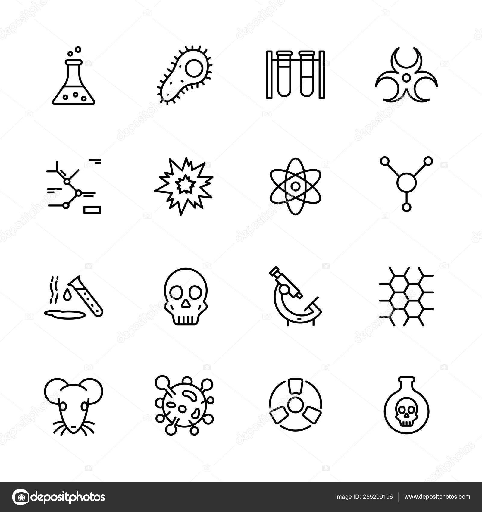 간단한 아이콘 과학적인 연구 실험실을 설정합니다. 이러한 기호 화학 플라스 크, 분자, 원자, 방사선, 분자 공식, 생물 현미경, 동물  실험, 독성 물질을 포함. — 스톡 사진 © cobectbhax.gmail.com #255209196, image size:1600x1700