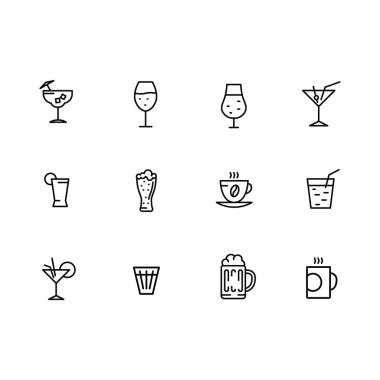 simge alkollü kokteyller, şarap, bira, sıcak kahve ve çay seti. Alkollü içecekler ilgili anahat illüstrasyon simgeleri tasarım için.