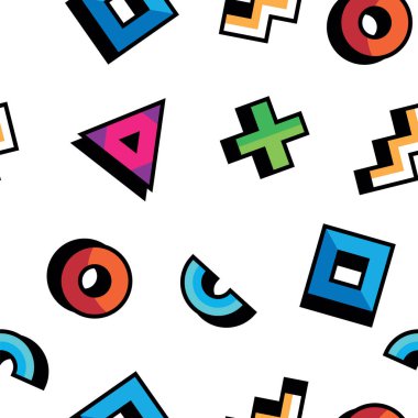 Soyut tarzda geometrik desen. Geometrik figürler ile Seamless modeli. Üçgen, daire, kare, beyaz arka plan üzerinde eğri çizgiler.