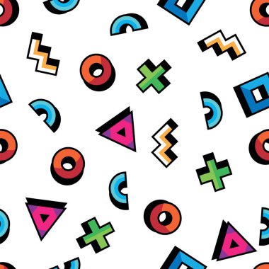 Soyut tarzda geometrik desen. Geometrik figürler ile Seamless modeli. Üçgen, daire, kare, çapraz, ark, beyaz arka plan üzerinde eğri çizgiler.