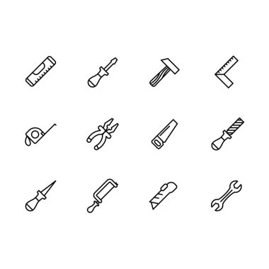 Basit iş araçları, onarım araçları için çilingir ve el sanatları atölye ustabaşı illüstrasyon satırı simgesi için ayarlayın. Böyle simgeler çekiç, tornavida, düzey, pense, maşa, testere, ipçik, tığ, İngiliz anahtarı ve diğer içerir