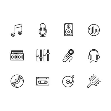 Basit modern ve retro müzik ekipman illüstrasyon satırı simgesi ayarla. Böyle simgeleri notları, mikrofon, müzik hoparlör, ses kaydedici, ekolayzer, kulaklık, vintage vinil disk ve oyuncu, film içerir