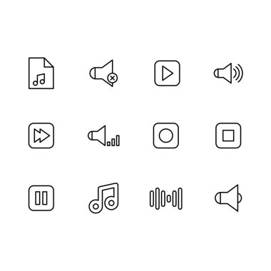 Oyun ses ve ses illüstrasyon satırı simgesi basit set müzik düğmeleri. Böyle simgeler müzik çalsın, durdur, Duraklat, geri sarma sonraki parçaya, ses parça, birim, hoparlör kapalı ve üzerinde Not içerir.