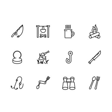 Basit ayarla balıkçılık, avcılık, turizm, illüstrasyon satırı simgesi kamp. İçeren böyle simgeler olta, balta, bıçak, yakacak odun, şenlik ateşi, yemek, çay, dürbün, kamp, konserve gıda, yemek için donatım