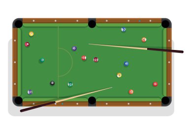 Bilardo, Bilardo stick ve bilardo topları oyun için. Bilardo masası renkli topları ve cua Üstten Görünüm.