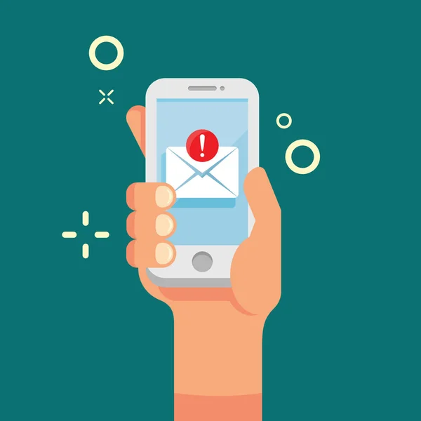 Hareket eden telefon ile yeni e-posta simge tasarlamak tutan el. Yeni mesaj ekran smartphone düz stil üzerinde. Sohbet iletisi bildirimlerini. Sohbet, sms ve iletişim kavramı