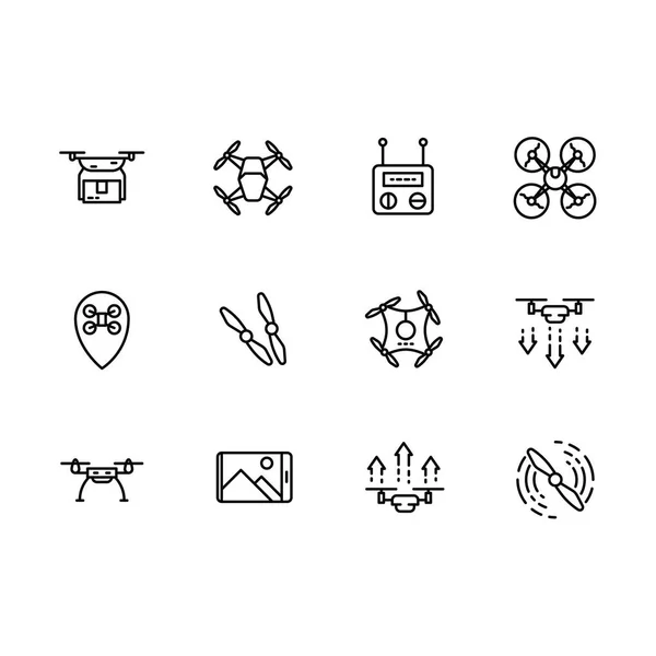 Basit drone ile eylem fotoğraf makinesi havadan fotoğraf ve video illüstrasyon satır simgeler için ayarlayın. Böyle simgeler uçak, uçuş, uzaktan kumanda, mobil uygulaması, kalkış, açılış, pervane kanatları içerir.