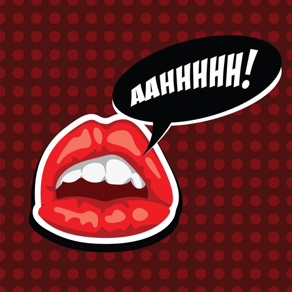 Female mouth with speech bubble. Red lips and comic speech bubble. Beautiful girl lips. Open mouth. American comics. Cartoon comic illustration in pop art retro style.