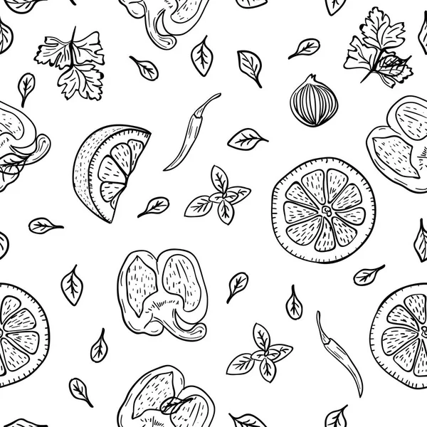 Hintergrund des Lebensmittelmusters. Handzeichnung Zitrone, Kräuter, Pfeffer, Zwiebeln, Gewürze zum Kochen im Doodle-Stil auf weißem Hintergrund. Doodle Zeichnung Gemüse und Zutaten. Food-Kochkonzept. — Stockfoto