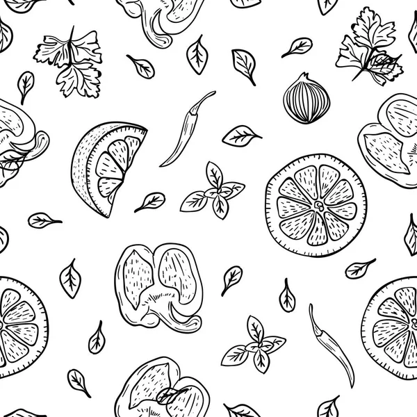 Food pattern background. Hand drawing lemon, herbs, pepper, onion, spices  for cooking in doodle style on white background. Doodle drawing vegetable  and ingredients. Food cooking concept. - Stock Image - Everypixel