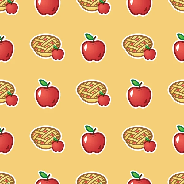 Apple pie on red pattern background. Sweet and tasty baked fruit pie from red apples seamless pattern.