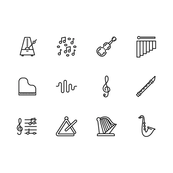 Einfache Set Musikinstrument und Ausrüstung Illustration Linie Symbol. enthält Ikonen wie Geige, Klavier, Harfe, Saxophon, Flöte, Metronom, Violinschlüssel, Noten, Noten. — Stockfoto