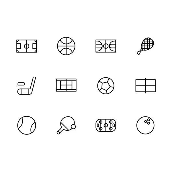 Simple set sports and active lifestyle illustration line icon. Contains such icons football, hockey, basketball, tennis, soccer field, ball, racket, hockey stick, puck, ping pong. — Stock Photo, Image