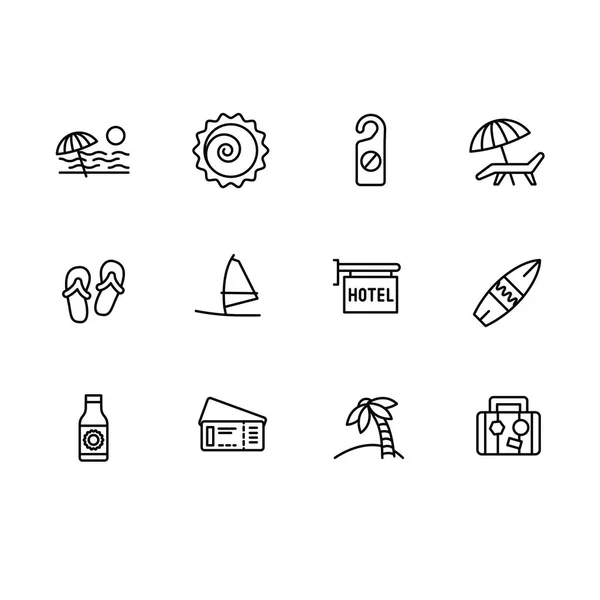 Einfache Set Sommerurlaub am Meer Strand Illustration Linie Symbol. Enthält solche Symbole Reise, Sommerstrand, Chaiselongue, Sonnenschirm, Hausschuhe, Hotel, Resort, Surfen, Palmen, Koffer, Segel und andere. — Stockfoto