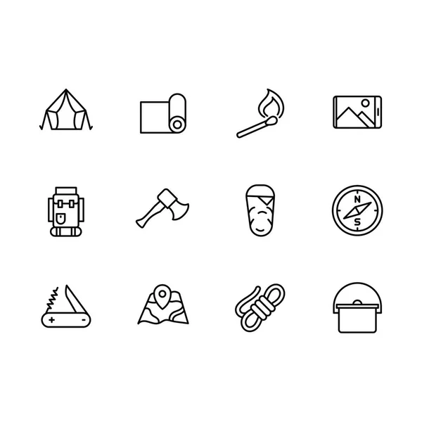 Basit turizm, kamp, yürüyüş, tırmanma ve yürüyüş illüstrasyon satırı simgesi ayarla. Böyle simgeler turist çadır, maç, ateş, sırt çantası, Pusula, uyku tulumu, harita, yemek pişirmek için ekipman ve daha fazla içerir.