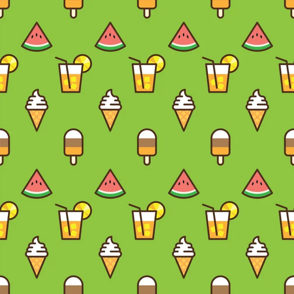 模式冰淇淋, 西瓜片, 水果鸡尾酒在绿色的背景。多汁西瓜, 冰淇淋和鸡尾酒在无缝模式背景下. — 图库照片