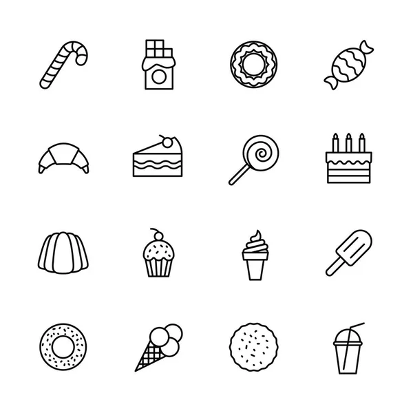 Einfache Symbolset Süßwaren, Gebäck und Süßigkeiten. enthält solche Symbole Lutscher, Schokoriegel, Bonbons, Donut, Croissant, Geburtstagstorte, Kuchenscheibe, Eis, Milchcocktail. — Stockfoto