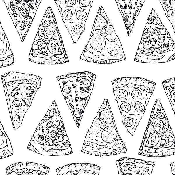 Model de felii de pizza desen manual în stil doodle izolat pe fundal alb. Doodle model desen tăiat pizza vedere de sus. Bucătărie italiană și design de pizzerie . — Fotografie, imagine de stoc