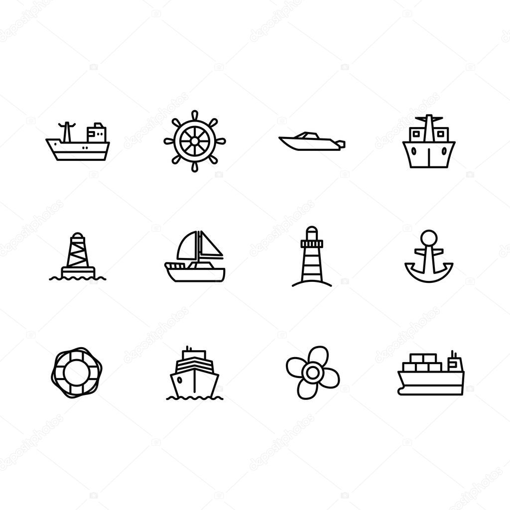  icon set sea ship, sailing boat, steering wheel, yacht, sail, lighthouse and propeller. Outline illustration icon water transportation isolated on white background.