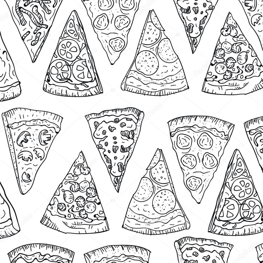 Pattern pizza slices hand drawing in doodle style isolated on white background. Doodle pattern drawing cut pizza top view. Italian cuisine and pizzeria design.