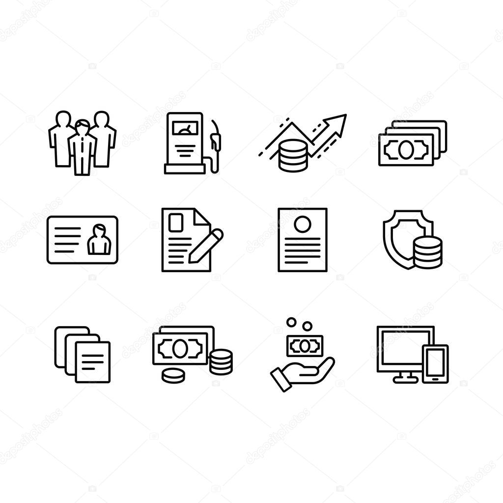Set outline illustration icon business and finance, trade exchange, money capital, financial management and insurance. Banks, money, finances and credit.  illusration.