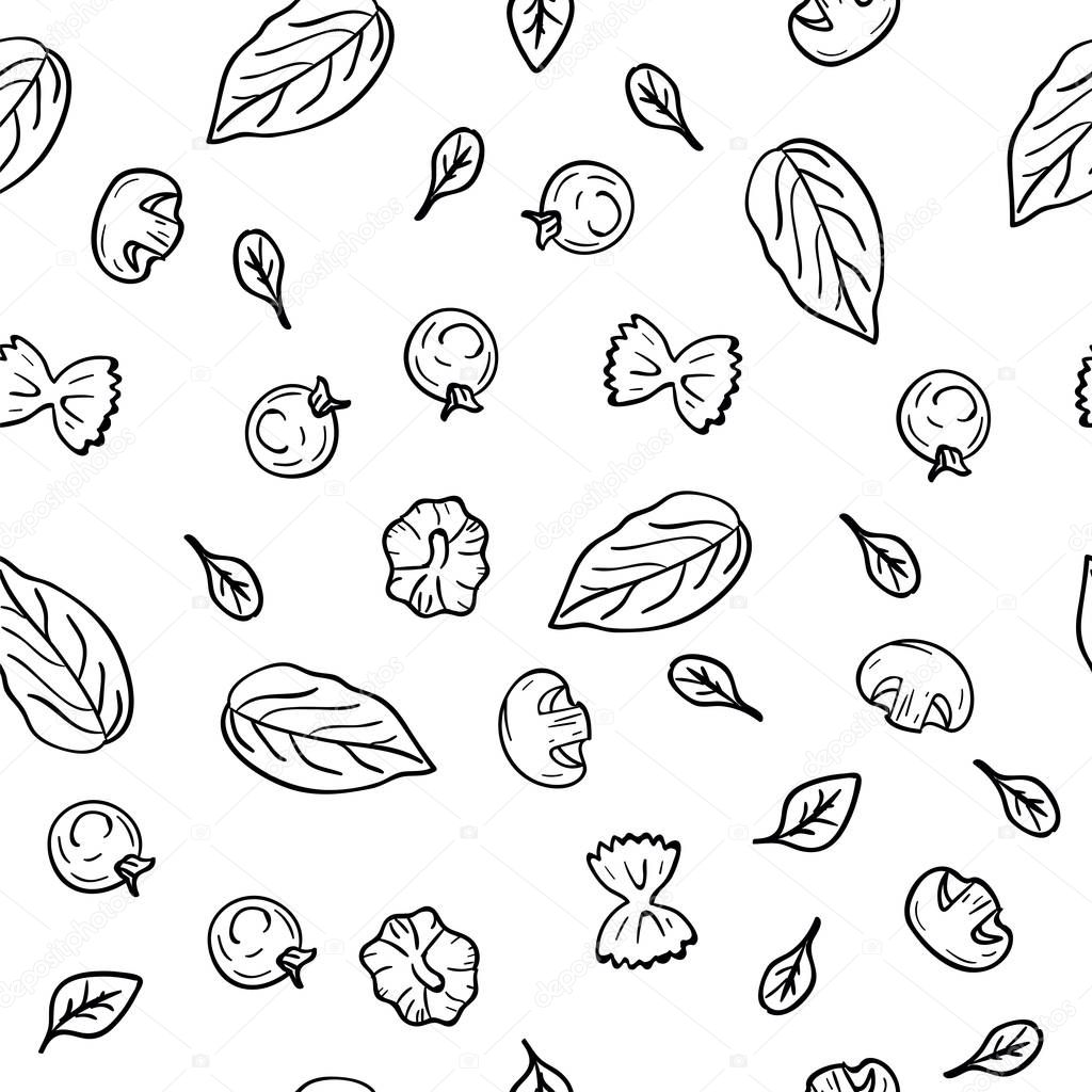 Hand drawing pattern herbs, garlic, champignons, tomato cherry, pasta in doodle style on white background. Doodle drawing vegetable and food ingredients. Kitchen textile. Diet and nutrition concept.
