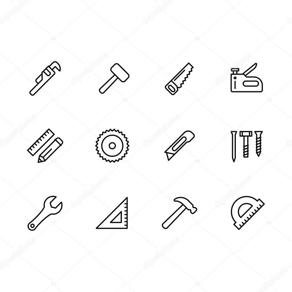 Simple set work tools, joinery tools, craft workshop and home repair work illustration line icon. Contains such icons adjustable wrench, sledge hammer, saw, wrench, knife, bolts, screws, nuts