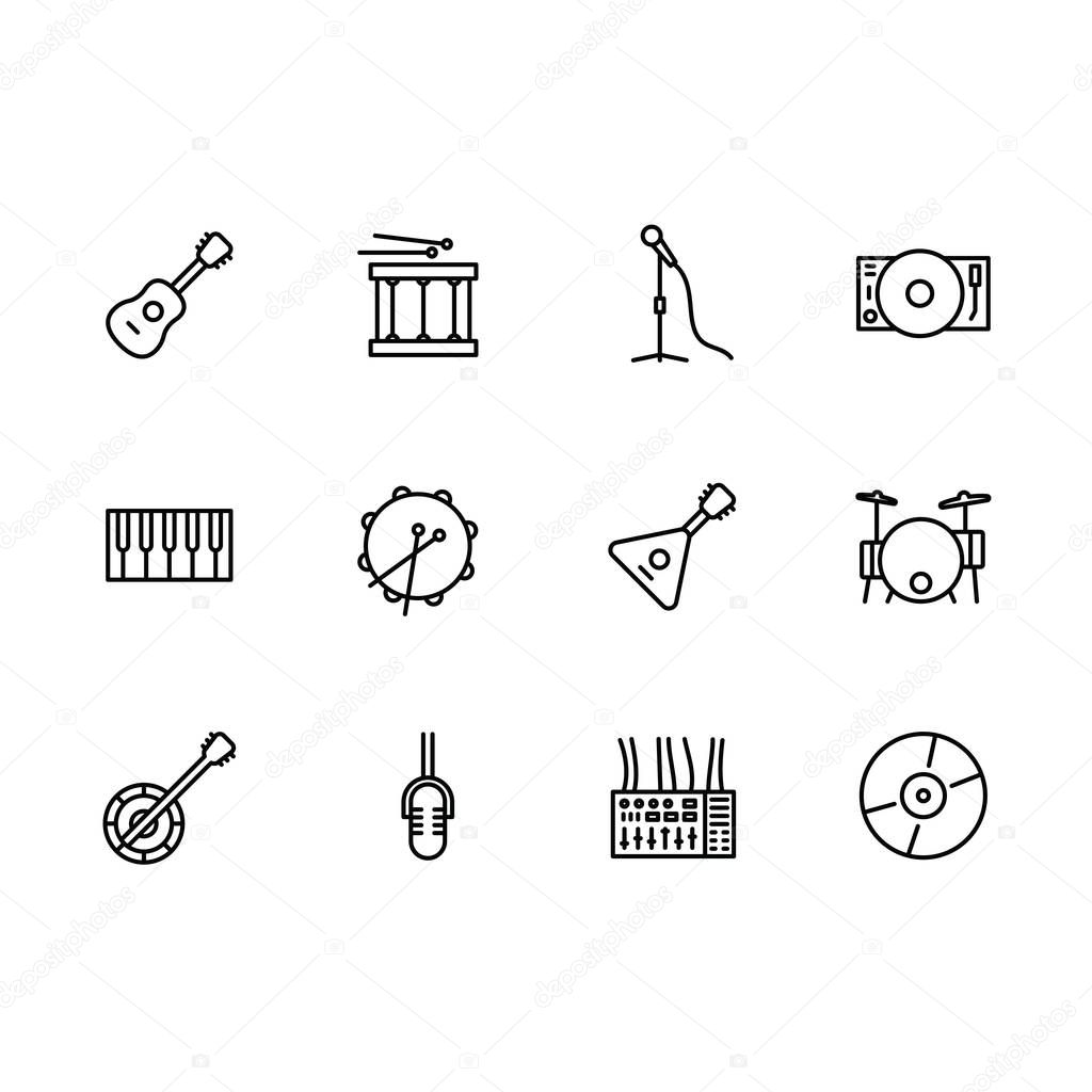 Simple set music instrument and equipment illustration line icon. Contains such icons musical stringed instruments guitar and balalaika, drum, microphone, piano, cd disc, dj mixer, player.