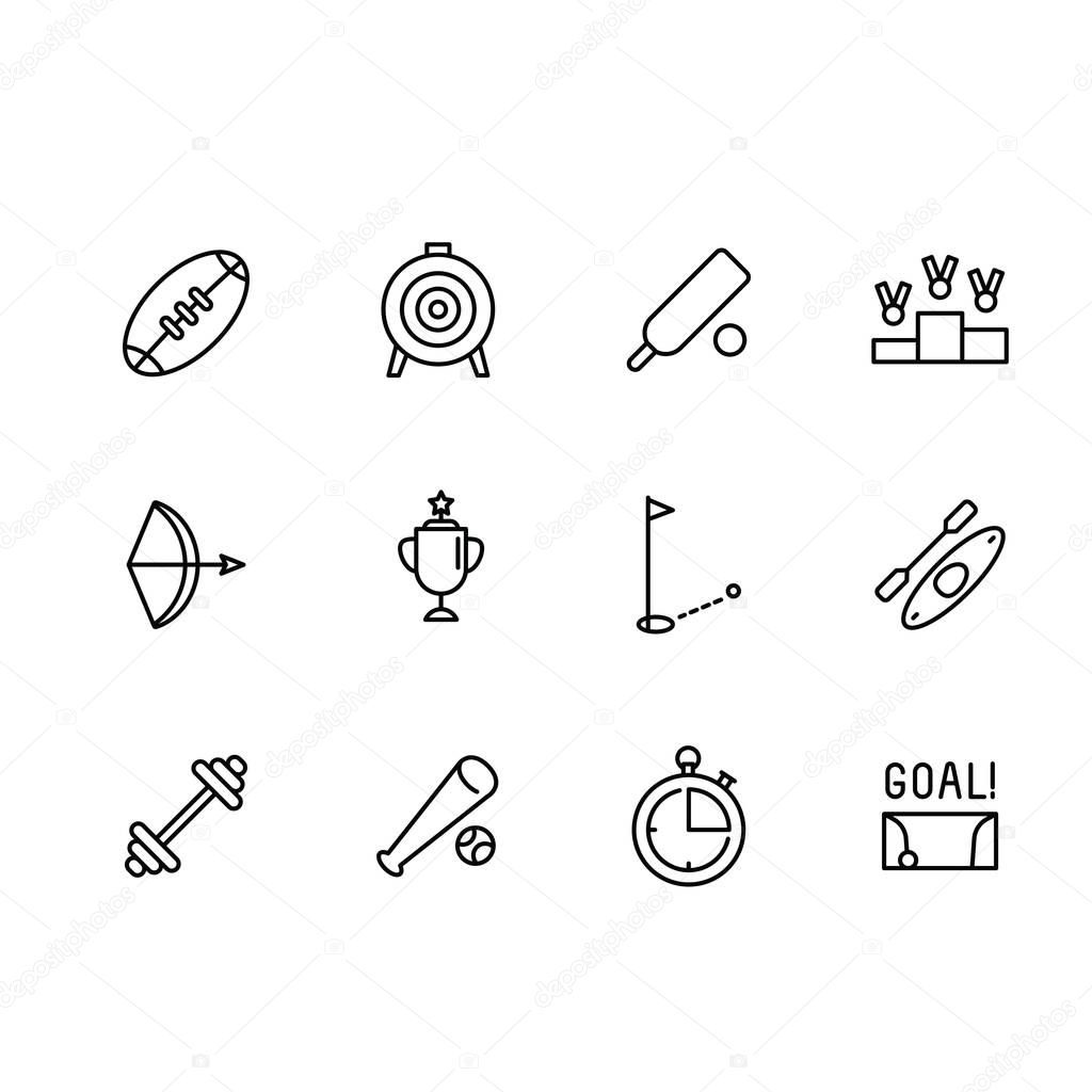 Simple set sport and active lifestyle illustration line icon. Contains such icon american football, rugby, baseball, cricket, archery, golf, kayak, extreme sport, bodybuilding, dumbbells, goal