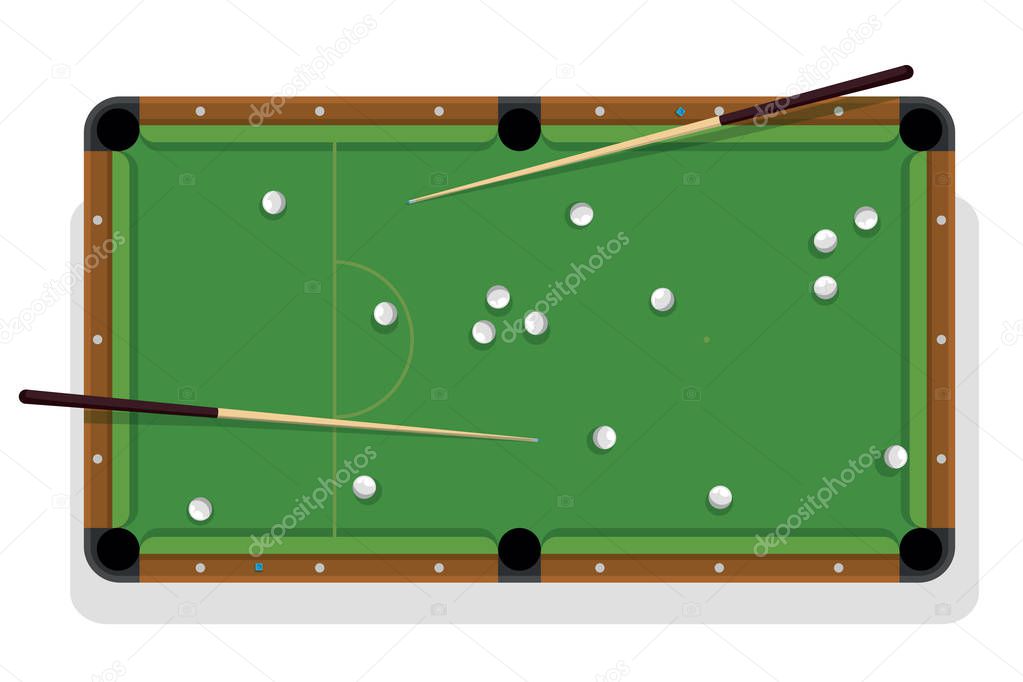 Billiard table, cue and pool balls for game. Billiard table with white balls and two cua top view.