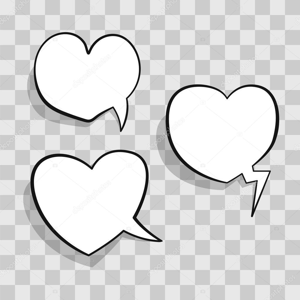 White speech bubble in heart shape for chat in social networks or cloud comic template on transparent background. Empty comic speech bubble. Cartoon comic illustration.