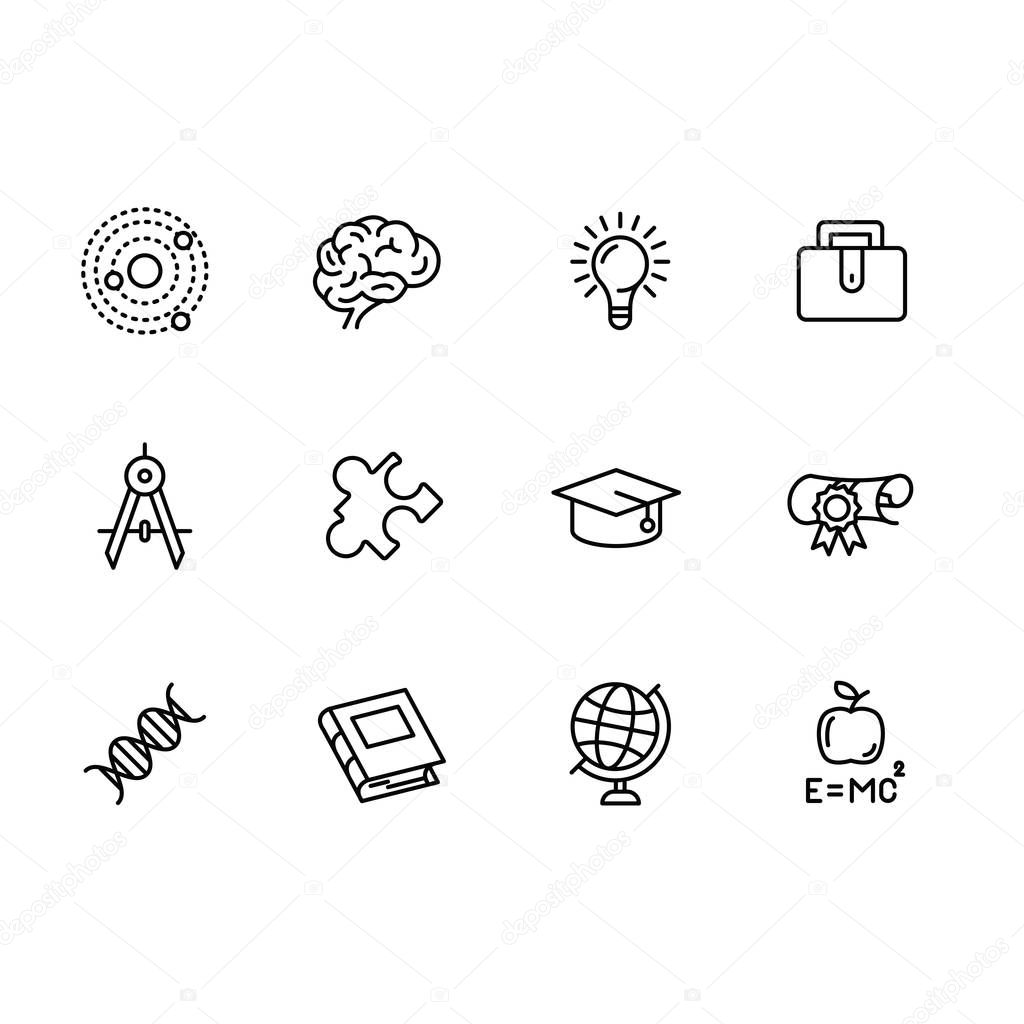 Simple set science, education and research illustration line icon. Contains such icon brain, light bulb, idea, physical formula, puzzle, letter, dna, globe, book and other.