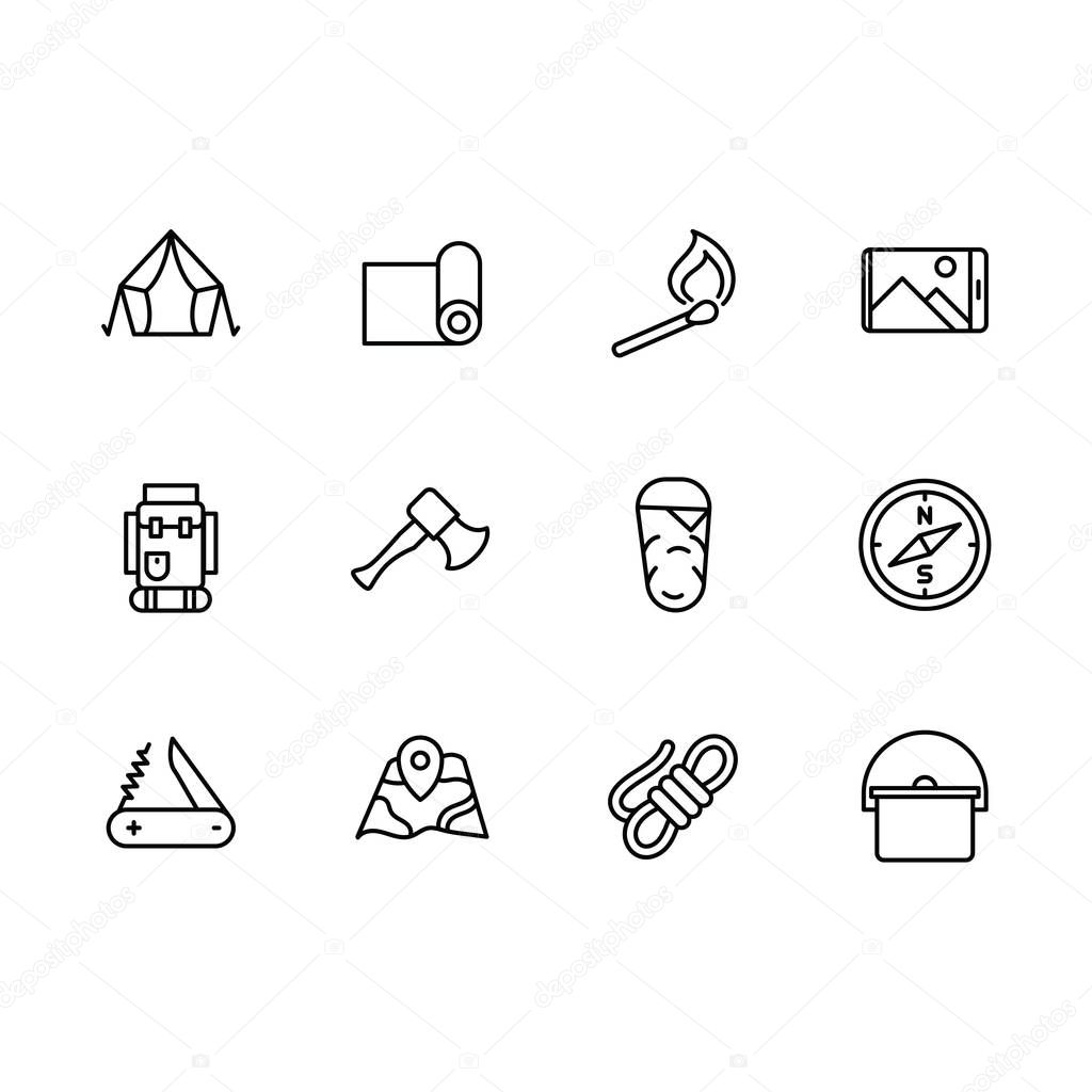 Simple set tourism, camping, hiking, climbing and trekking illustration line icon. Contains such icons tourist tent, match, fire, backpack, compass, sleeping bag, map, equipment for cooking and more.