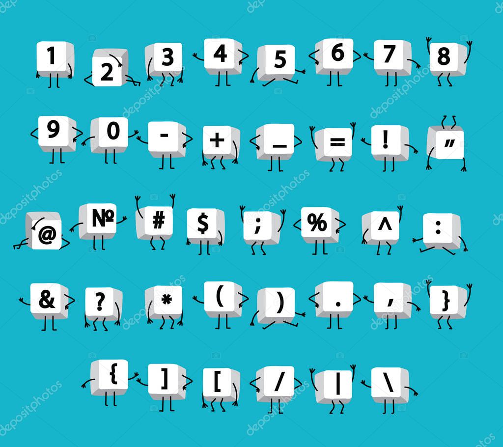 White numbers, math symbols, calculator, punctuation on keyboard computer with legs and arms like funny little men on blue background.