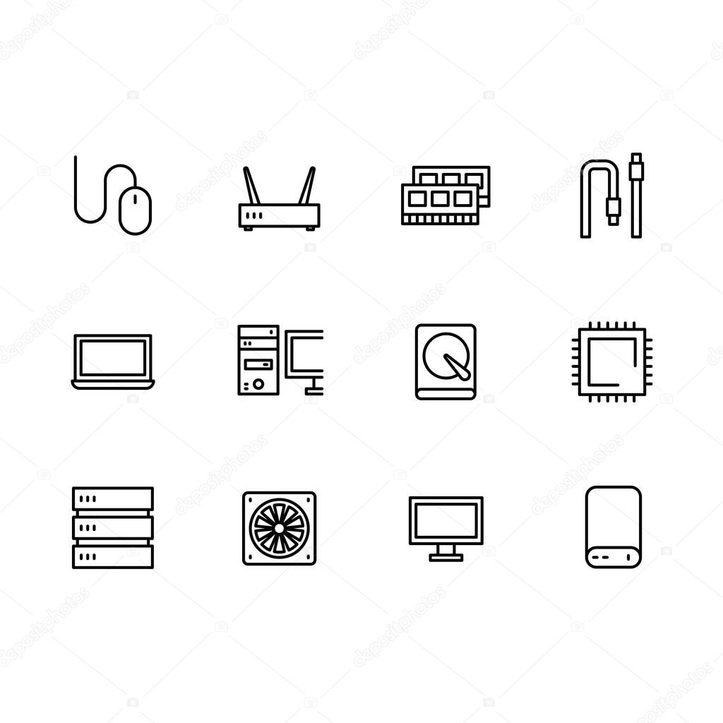 Simple set symbols computer hardware and components outline icon. Contains such icon RAM, hard disk, processor, server, cooler, laptop, notebook pc,wi fi router, mouse, computer monitor.