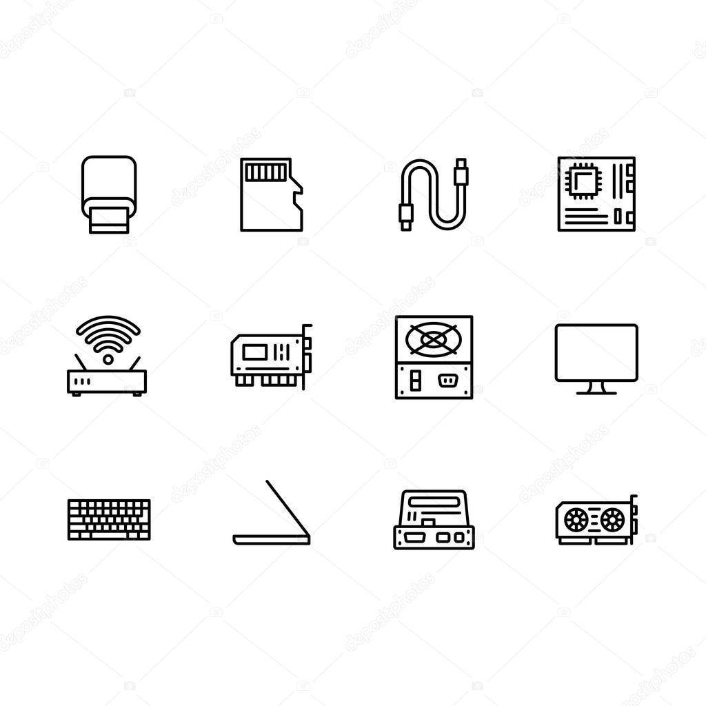 Simple set symbols computer hardware and components outline icon. Contains such icon power supply, video card, usb memory card, motherboard, system unit, keyboard, monitor, laptop pc, wi fi router.