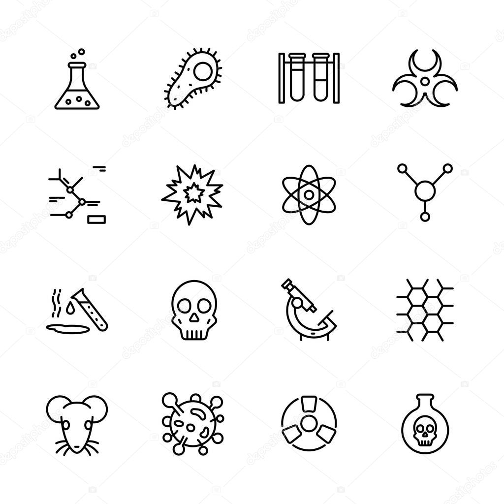 Simple icon set scientific research laboratory. Contains such symbols chemical flask, molecules, atom, radiation, molecular formula, biological microscope, animal experiments, poisonous substances.
